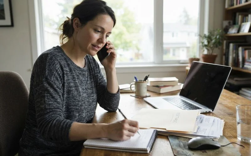 A person on the phone with a mortgage servicer, reviewing hardship options at a desk