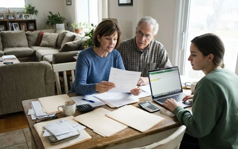 A family reviewing estate and mortgage paperwork together at home