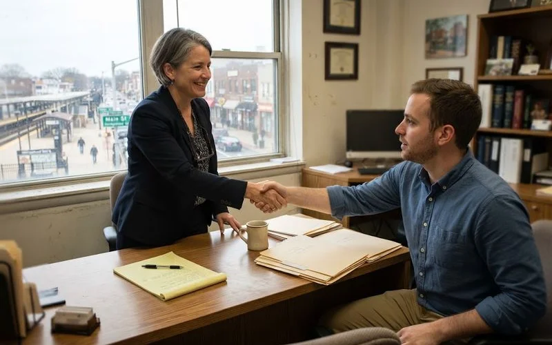 A homeowner sitting across the desk from an attorney during a first consultation