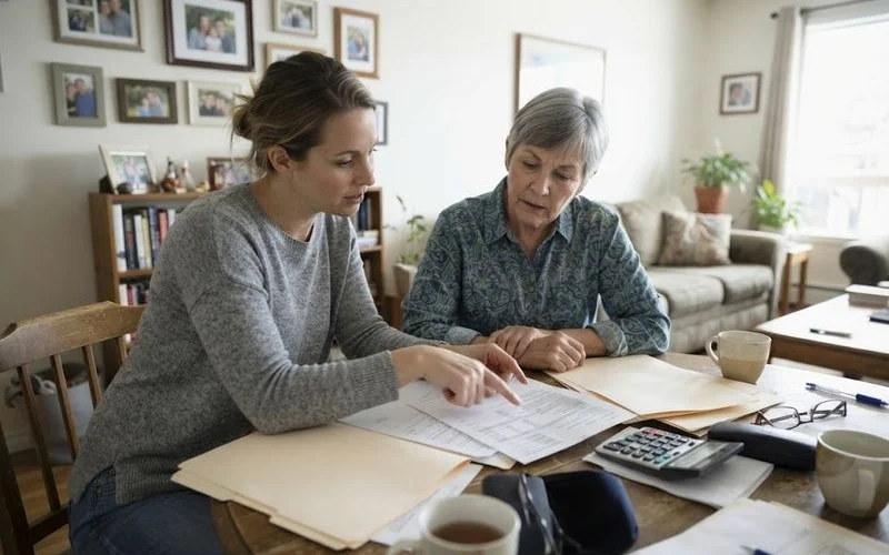 An adult child sitting with an aging parent, reviewing mortgage paperwork together