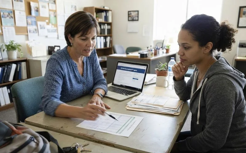 A housing counselor reviewing mortgage paperwork with a homeowner at a community office