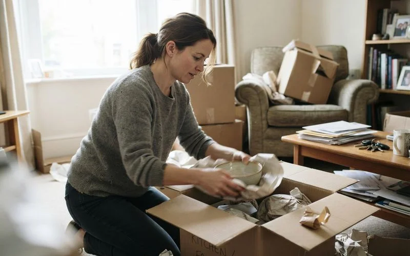 A homeowner packing boxes at home, taking time to plan a move rather than rushing
