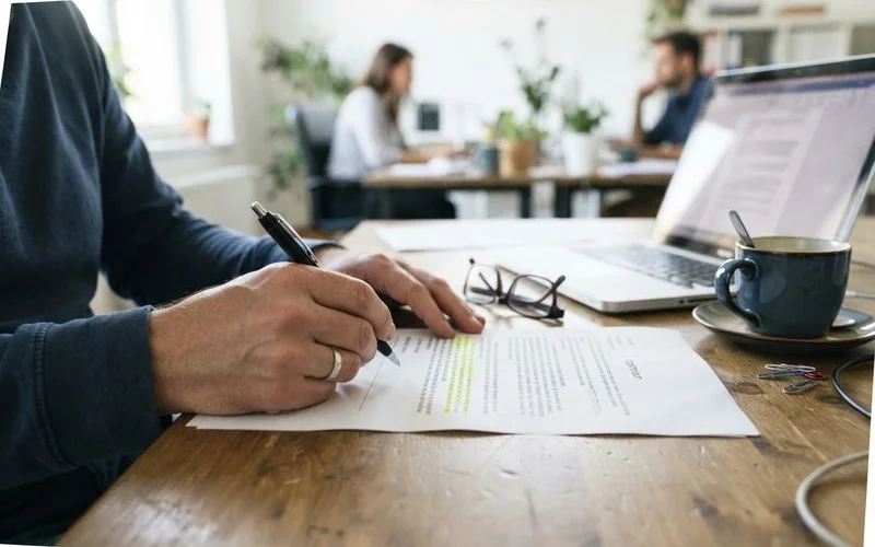 A person carefully reading a contract before signing, checking the fine print