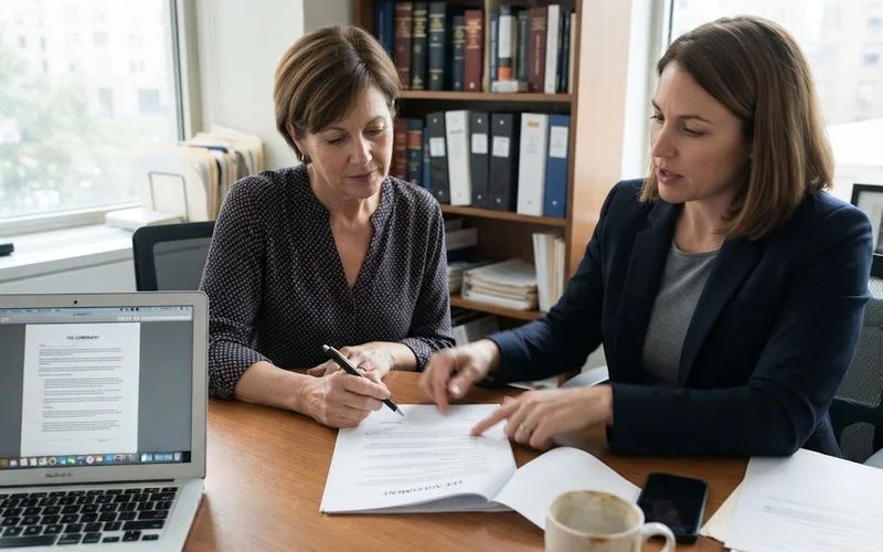 A homeowner reviewing a fee agreement and payment plan options with an attorney