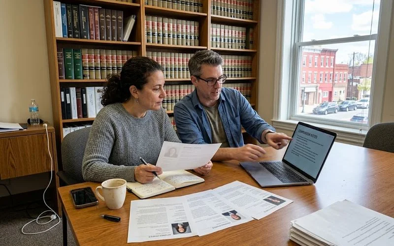 A homeowner reviewing a printed foreclosure notice at a kitchen table alongside a laptop showing an attorney directory