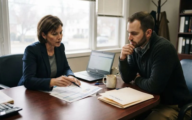 A person reviewing bankruptcy filing paperwork and a repayment plan worksheet