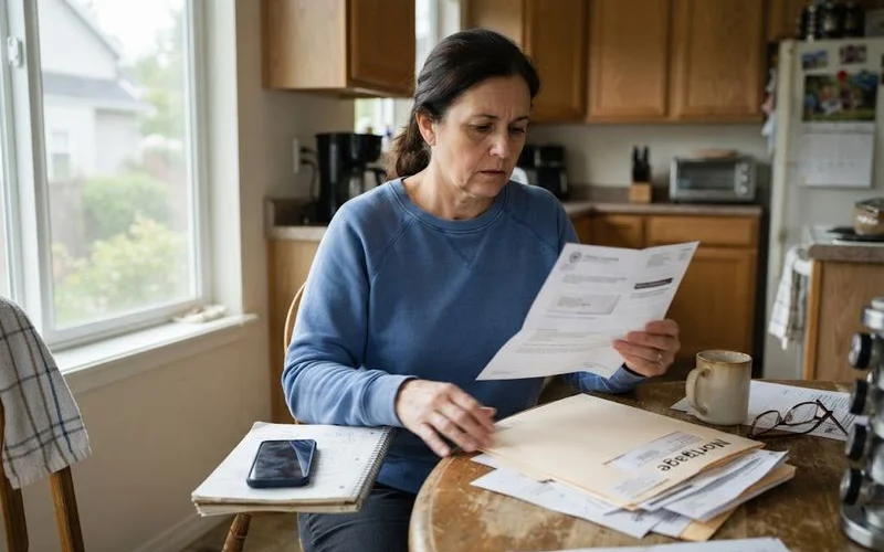 A homeowner reviewing mortgage and foreclosure notice paperwork at a kitchen table