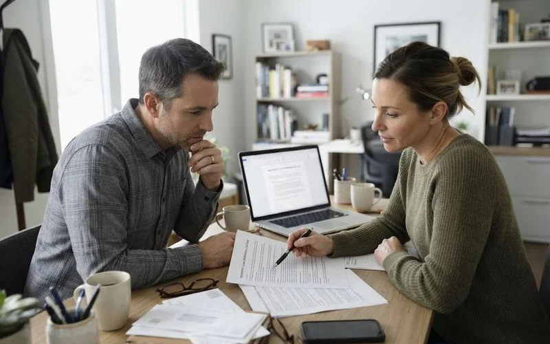 A homeowner and attorney reviewing a loan modification fee agreement together
