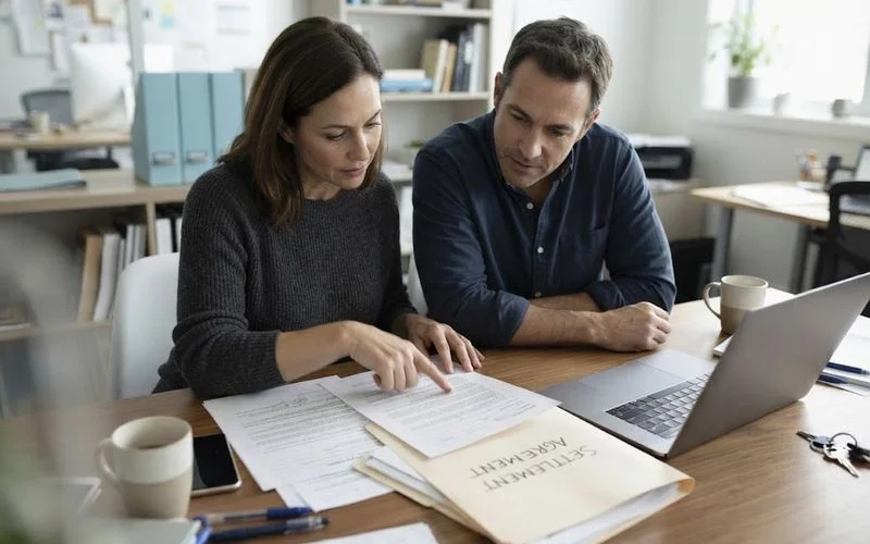 A couple reviewing mortgage and divorce paperwork separately at a table