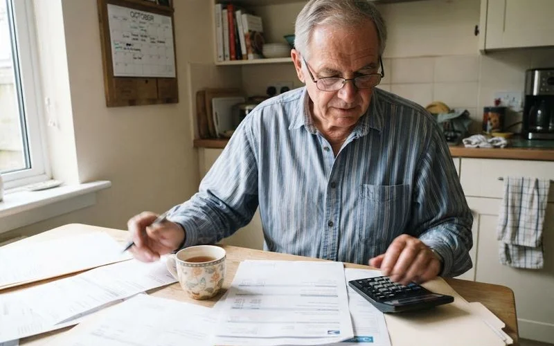 An older homeowner reviewing financial documents and mail at a kitchen table