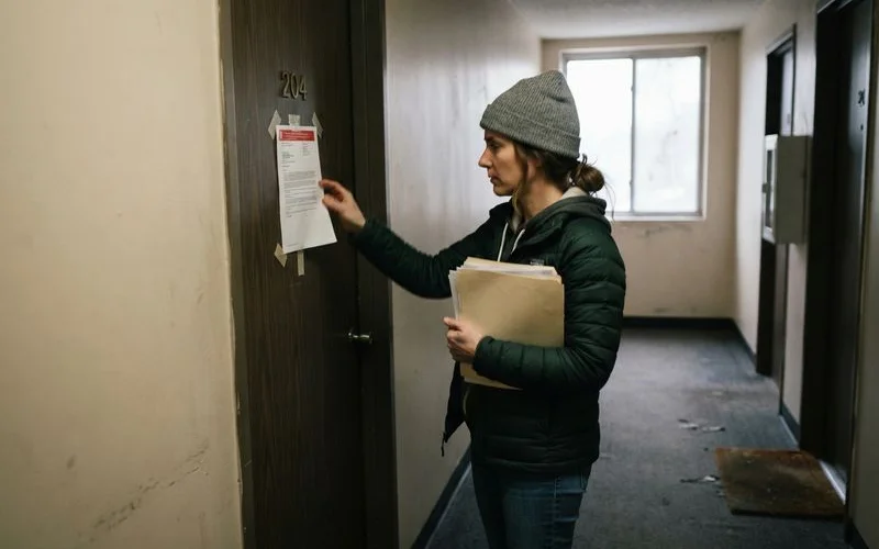 A tenant reading a notice letter received in the mail about the building's ownership