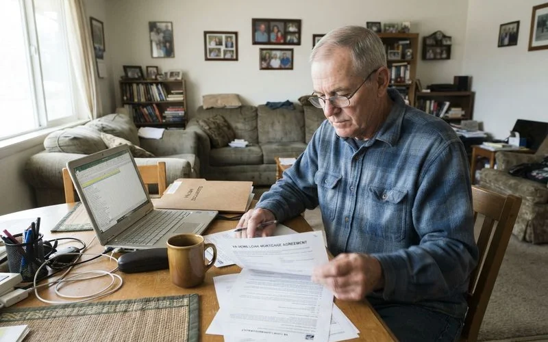 A veteran reviewing mortgage and benefits paperwork at home