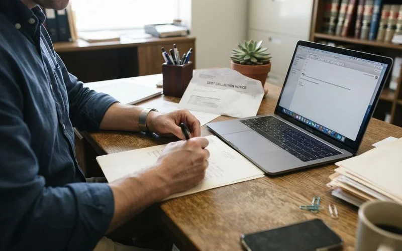 A person writing a formal letter, with a pen and mortgage statement on the desk